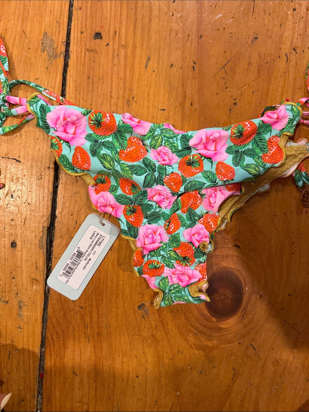 Luli Fama Strawberry & Rose Print Bikini Bottom - Pink, Green & Gold